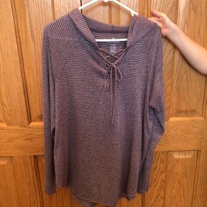 Stripped Plush Lace Up Hooded Shirt